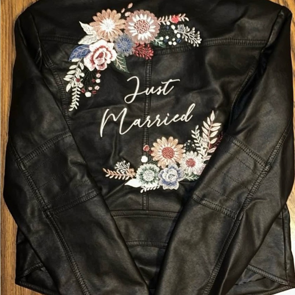 David's Bridal Black Leather Jacket with Floral Embroidery